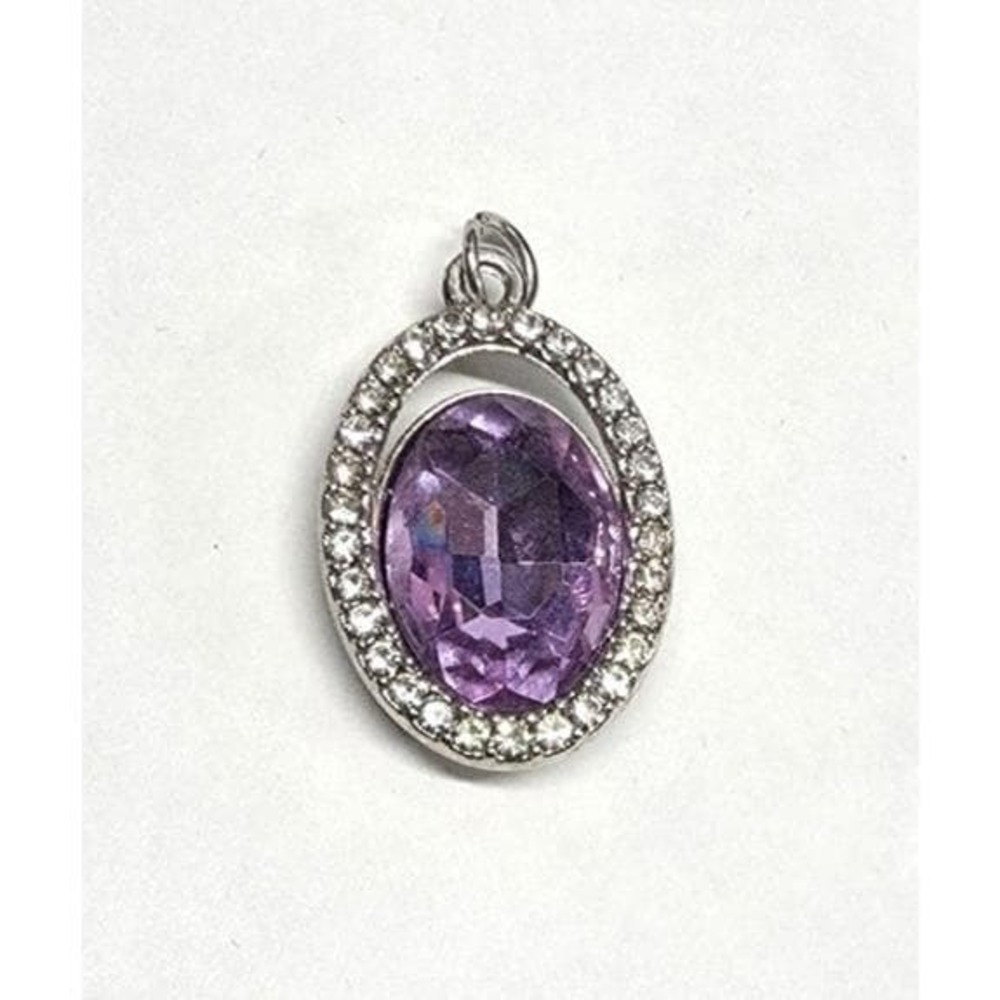 Silvertone Oval Pendant Purple Faceted Stone Clear Rhinestone Halo One of a Kind